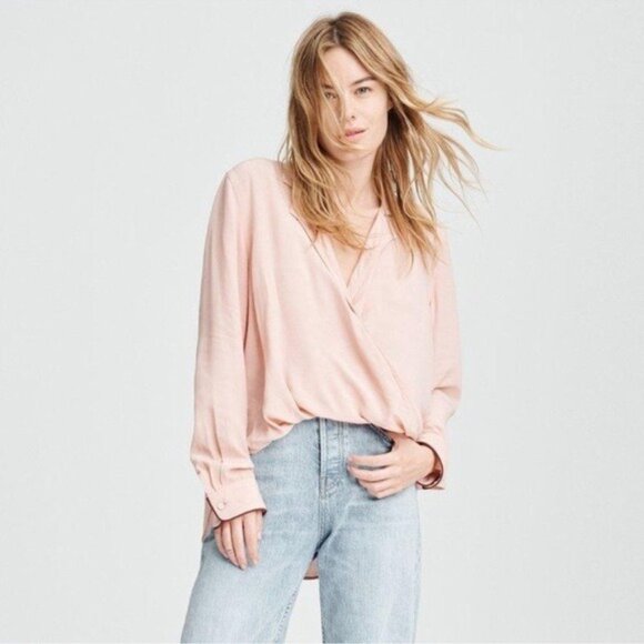 rag & bone Dean Drape Front Blouse Shirt S Dusty Rose Twist Faux Wrap - Picture 3 of 13